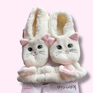 Kensie Womens Cat Slipper and Spa Headband Set Ivory White Plush Size Large 9